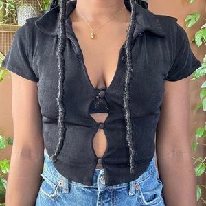 Black Cutout Button-Up Blouse✨